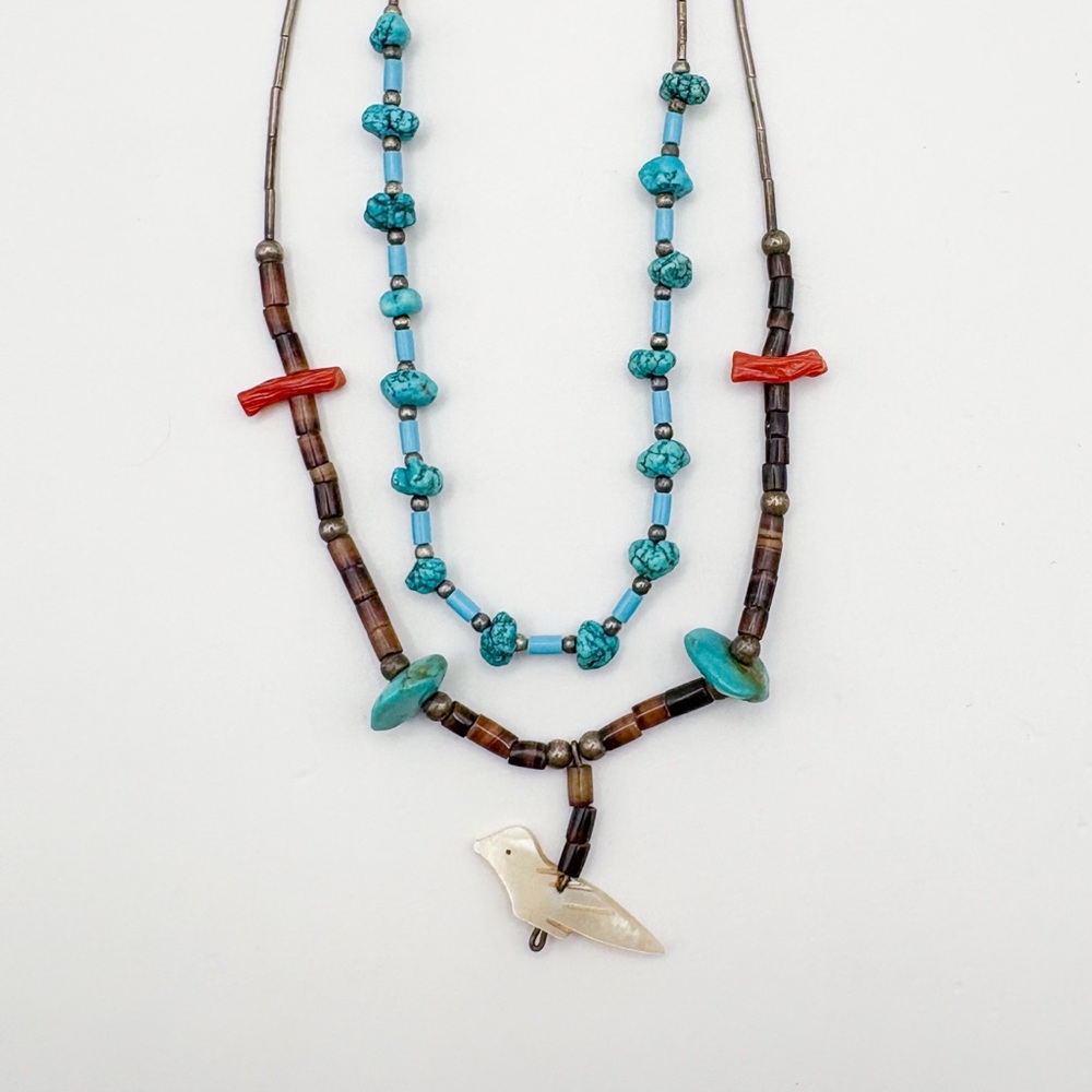 Set of two necklaces, Sterling 925 Silver and mixed material, Southwestern Style